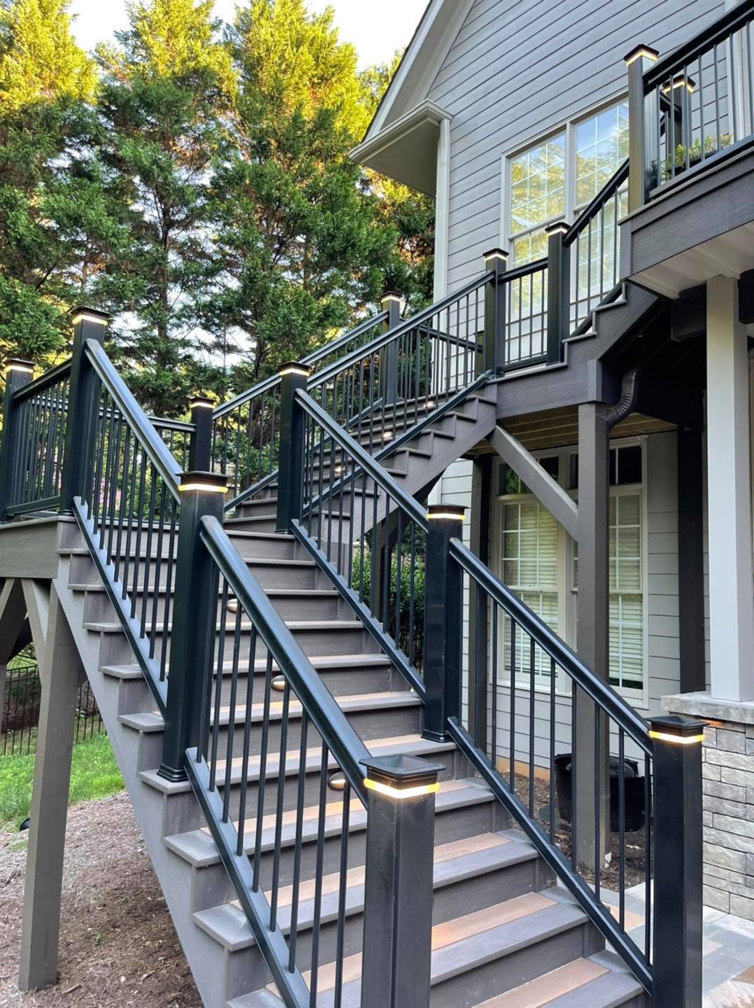 Deck stairs with liighting on posts