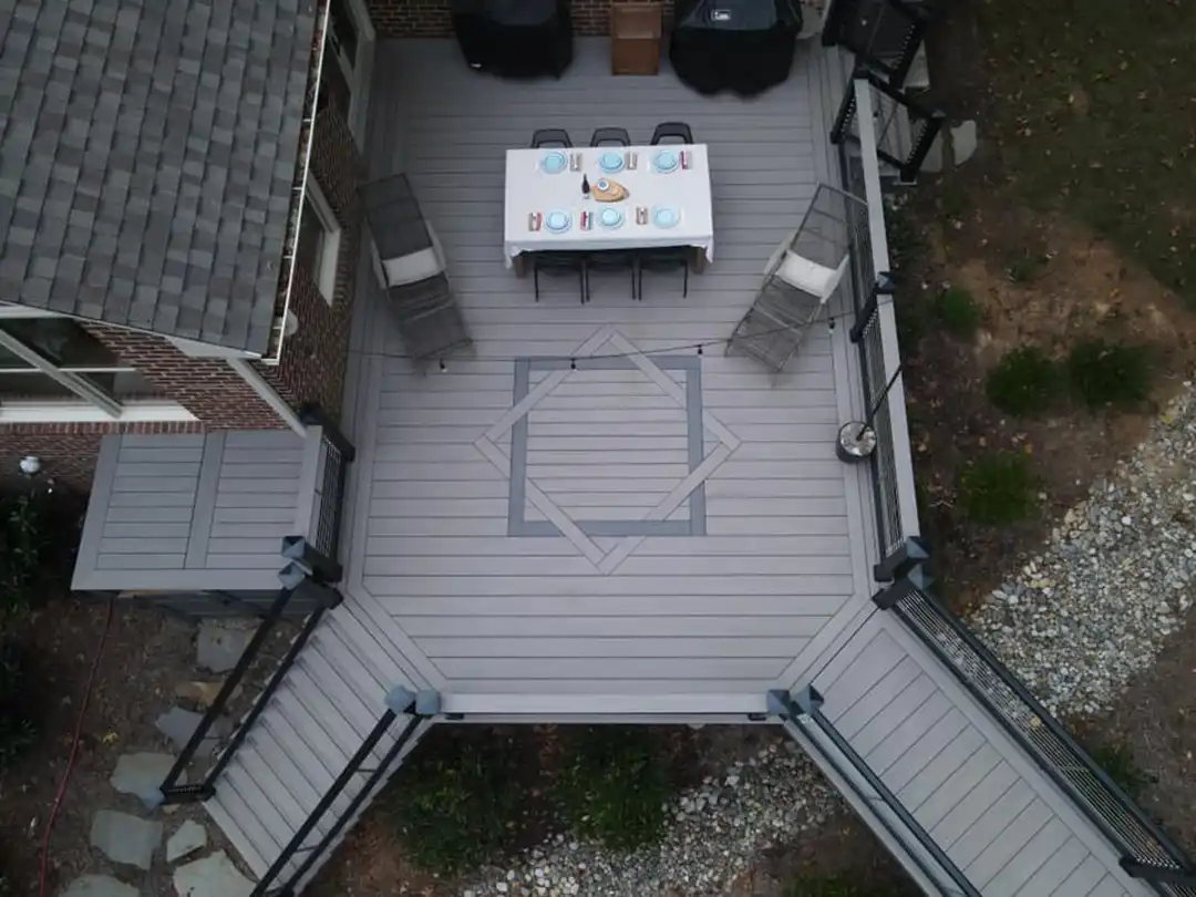 aerial view of a composite deck with railing and stairs made of TimberTech decking materials - Custom TimberTech Deck builder and contractor - Raleigh, North Carolina