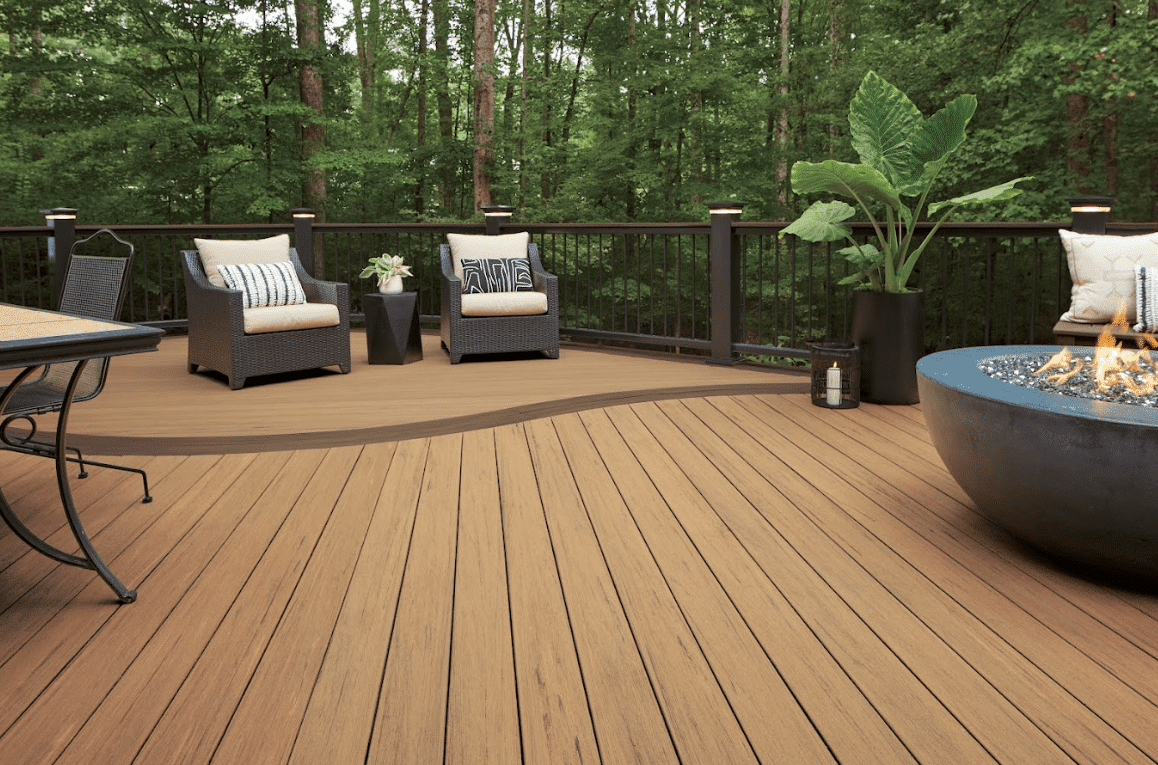 photo of a TimberTech deck with outdoor furniture and fire bowl