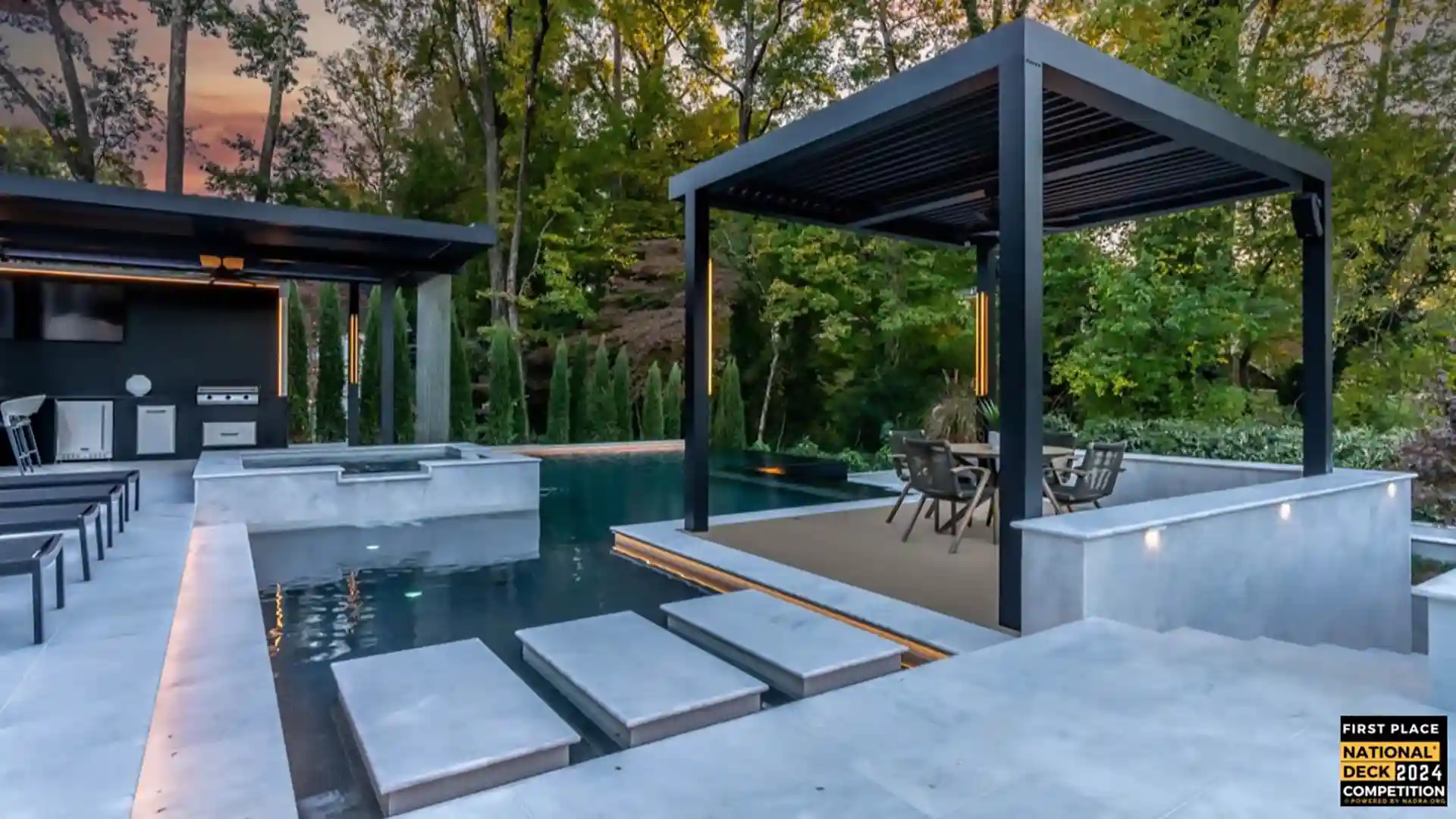 Photo of a pool area with multiple pergolas, one providing an above-water custom pergola and another pergola covering an outdoor kitchen