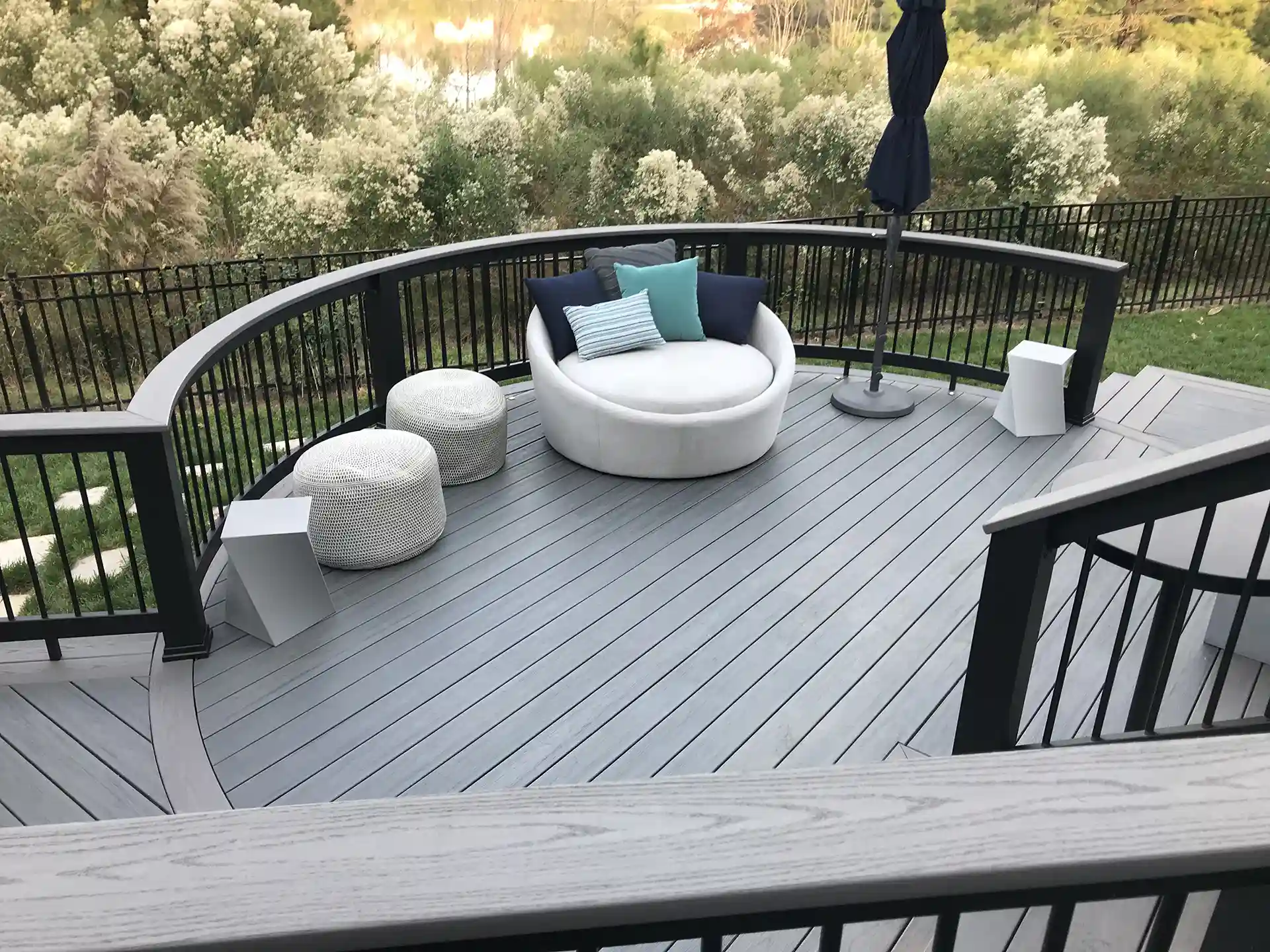 Photo of a multi-level curved deck.